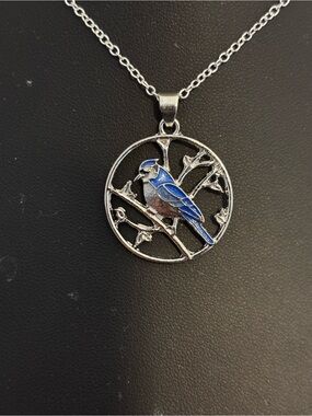 Blue Enamel Bird Pendant Necklace - Silver Finish
